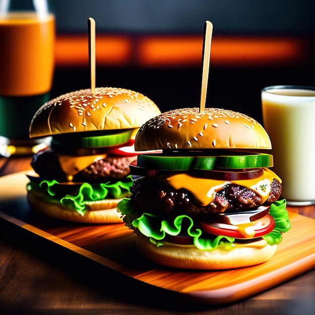 Two burgers are on a tray next to a glass of milk.