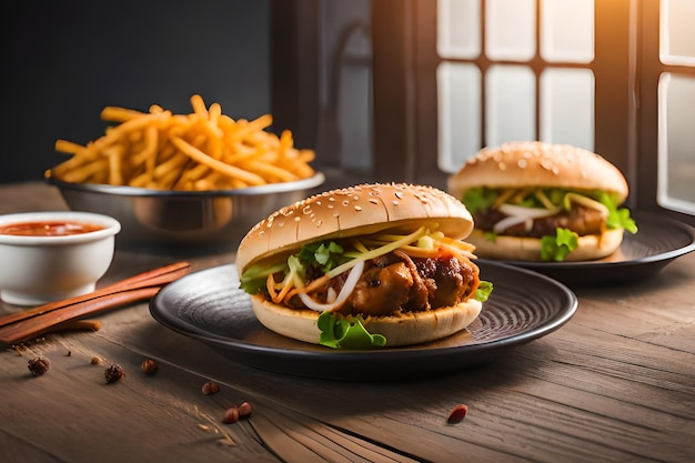 Two burgers on a table with a bowl of french fries