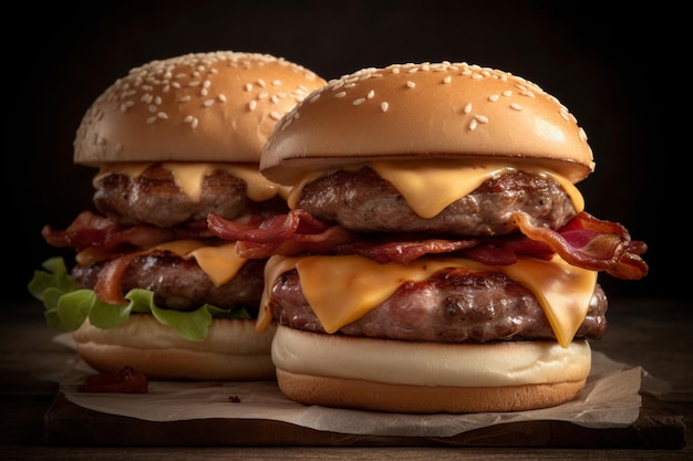 Two burgers with bacon on them sit on a table.