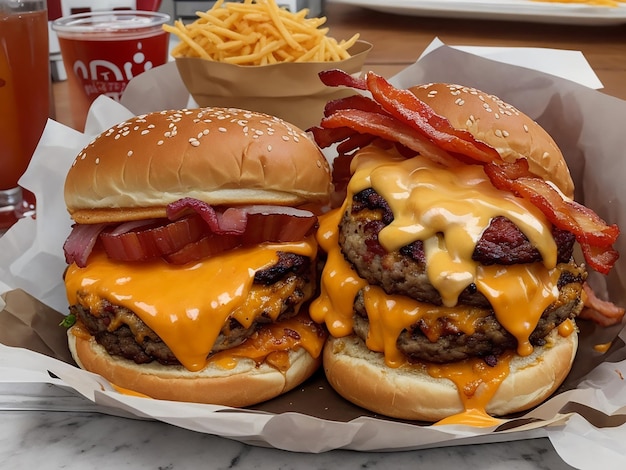 two burgers with cheese and fries on a tray