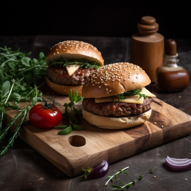 Two burgers with a sesame seed bun and a few herbs on a wooden cutting board.