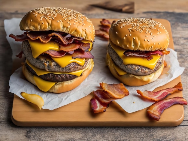 Two burgers on a wooden board with bacon and bacon.