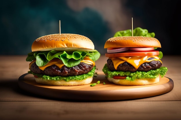 Two burgers on a wooden board with a blue background