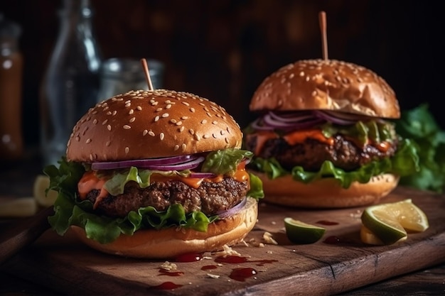 Two burgers on a wooden board with a bottle of red wine on the side.