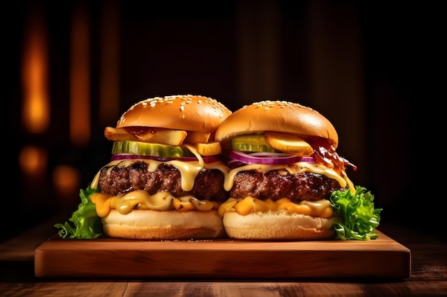 Two burgers on a wooden board with a green salad and a red onion.