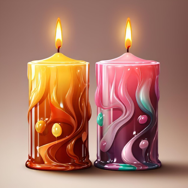 Two burning candles with drops of water Vector illustration on a brown background