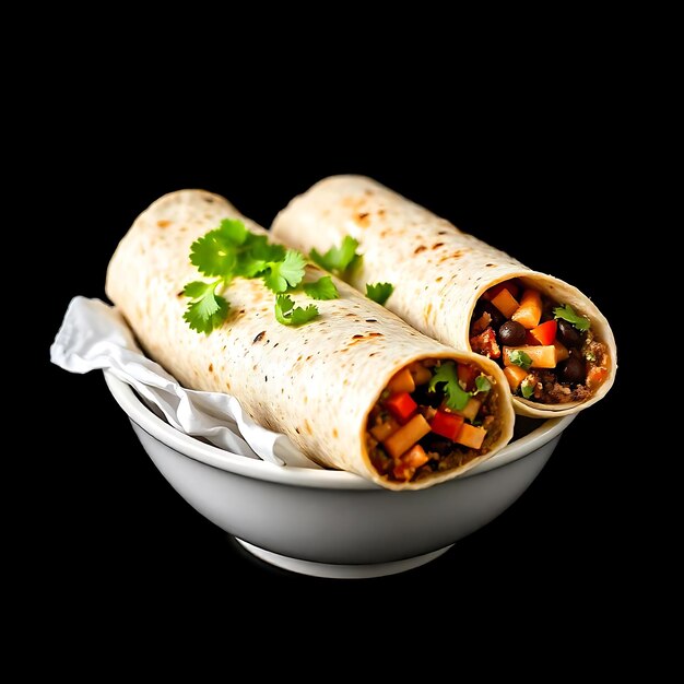 two burritos with a black background and a white plate with a paper napkin