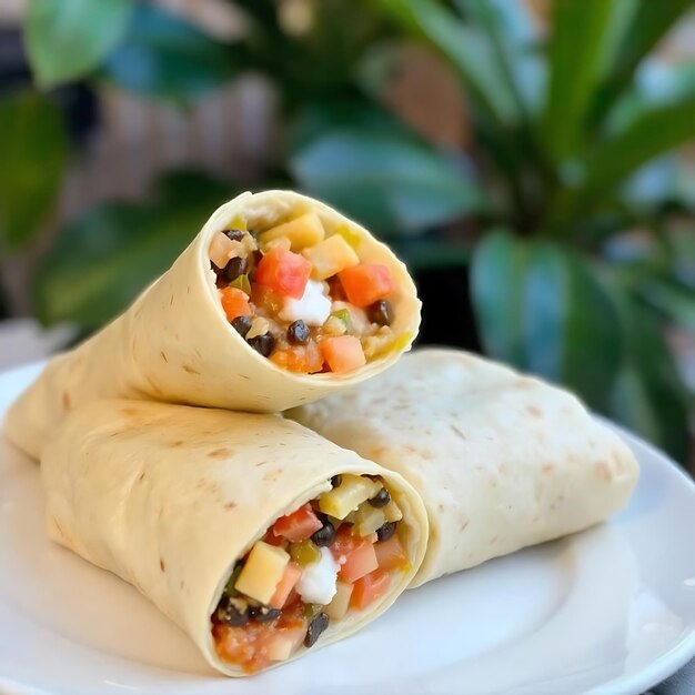 Photo two burritos with corn and beans on a plate