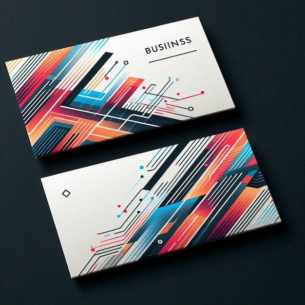 two business cards with colorful lines and a white box that says business cards