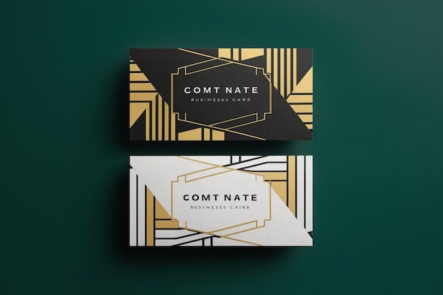 two business cards with gold and white on them