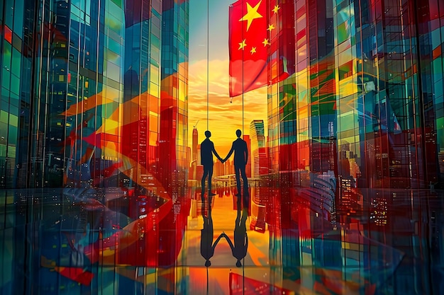 Two business people is shaking hands in front of a large city skyline The flags of the countries are