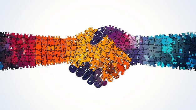 Photo two business people shaking hands made of colorful puzzle pieces