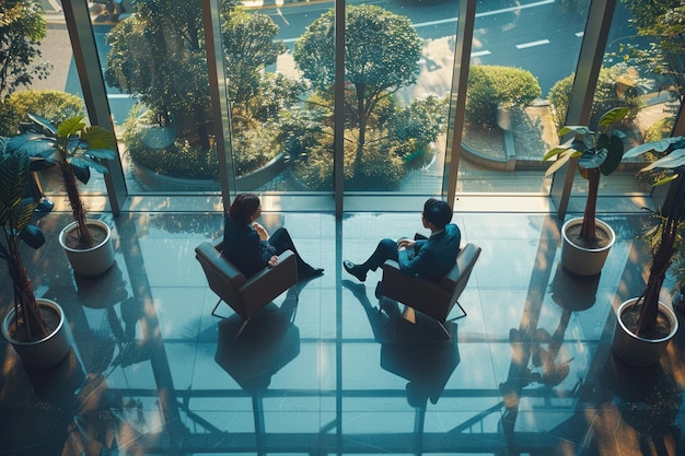 Photo two business people sit and chat in front of the french window