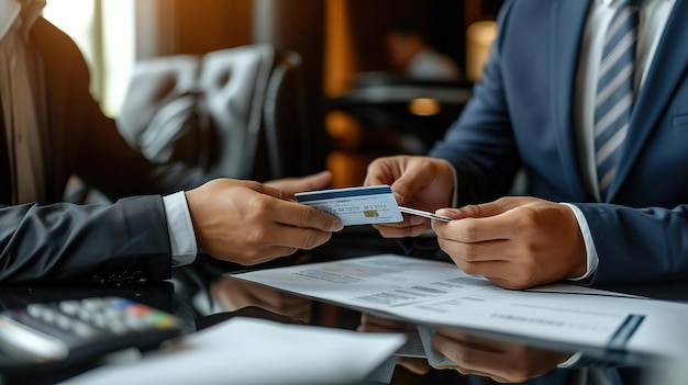 Two business professionals in a corporate setting exchanging a credit card over financial documents