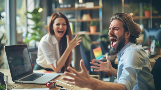 Photo two business professionals sitting at a desk in an office laughing hysterically