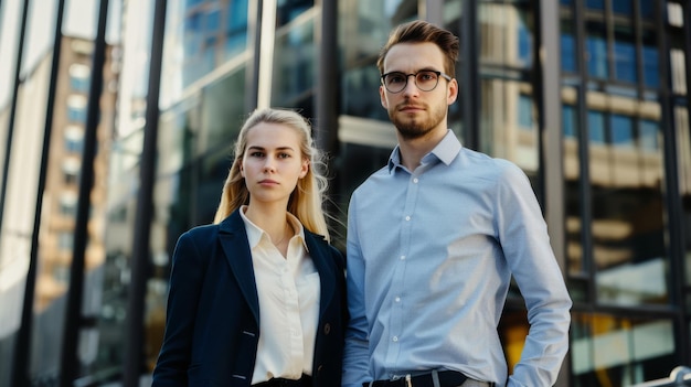 Photo two business professionals stand confidently in front of a modern glass building embodying professionalism and determination