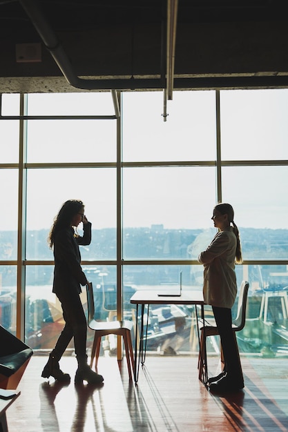 Two business women are standing against the background of a large window in a modern office with a panoramic view of the city Modern business women work remotely