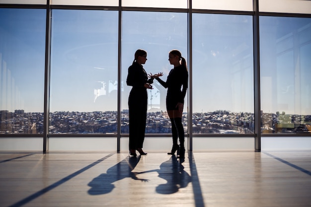 Two business women enjoying the city view and talking while standing by the large window in the office