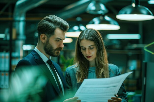 Two businessman looking in a report corporate confident office working suit wearing male and female