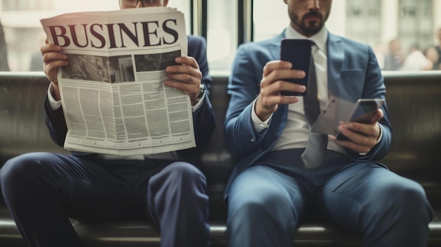 two businessmen are seated on a bench one reading a newspaper and the other using a smartphone symbolizing the blend of traditional and digital media in modern life