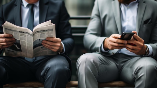 two businessmen are seated on a bench one reading a newspaper and the other using a smartphone symbolizing the blend of traditional and digital media in modern life