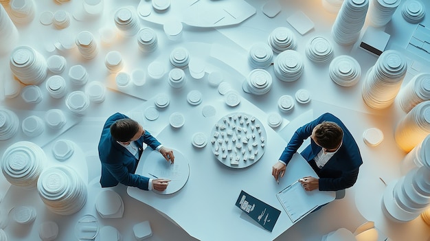 Photo two businessmen discussing documents surrounded by abstract white structures