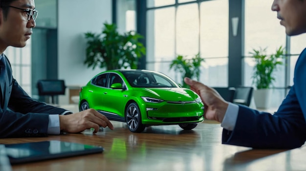 Two businessmen inspect a green electric car in a modern showroom