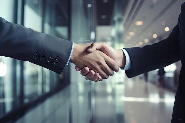 Two Businessmen in Long Sleeves Shake Hands Inside a Lounge Office