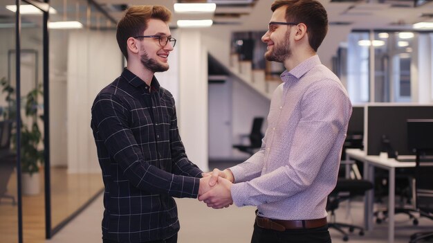 Photo two businessmen in a modern office shaking hands concepts include business agreement partnership deal success teamwork