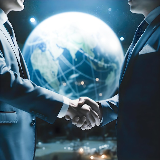 Two businessmen politicians or governors shaking hands with planet earth Concept of world control