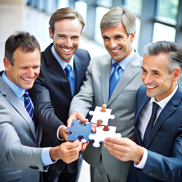 Photo two businessmen put together a puzzle opposite each other on the background of the office