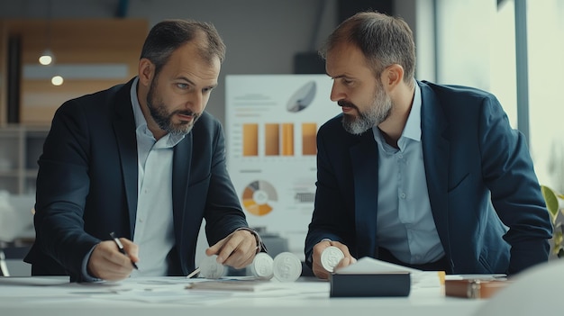 Photo two businessmen reviewing documents and coins