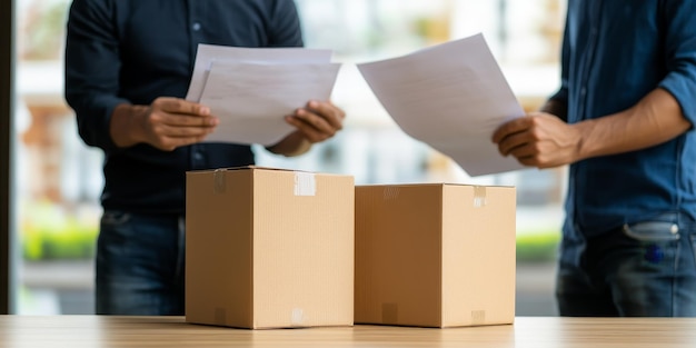 two businessmen reviewing documents and packages for shipping logistics and delivery concept