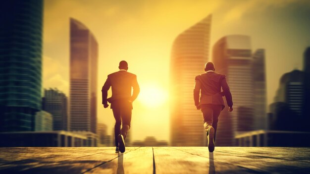 Two businessmen running on the roof of a building