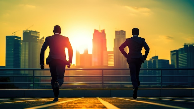 Two businessmen running on the roof of a building