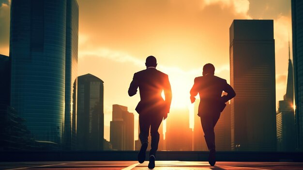 Two businessmen running on the roof of a building