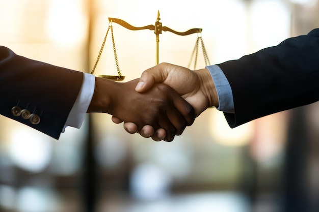 Photo two businessmen shake hands in front of a scale of justice symbolizing a legal agreement part