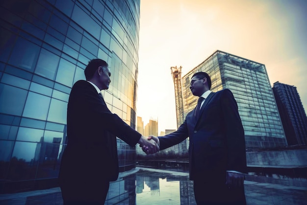 Two Businessmen Shaking Hands on a Building Background