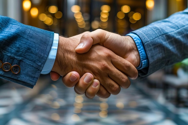 Two businessmen shaking hands in a lobby