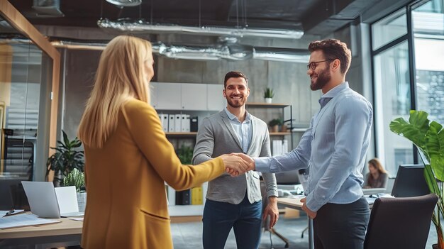 Two Businessmen Shaking Hands in a Modern Office Setting