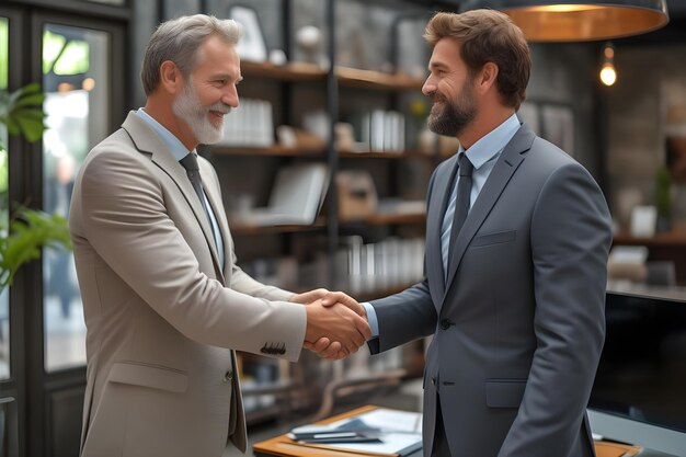 Photo two businessmen shaking hands in a modern office