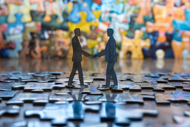 Photo two businessmen shaking hands standing on puzzle pieces agreement concept