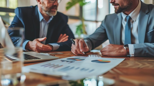 Photo two businessmen in suits discussing business while looking at graphs