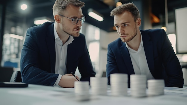 Two Businessmen in Suits Reviewing Documents with White Disks in Foreground