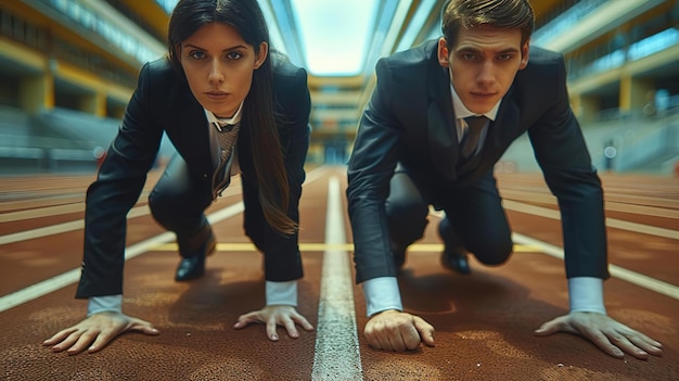 Two businesspeople in suits at the starting line ready to race