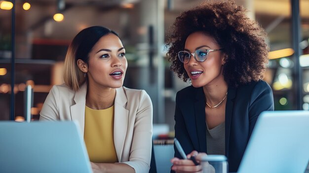 Two Businesswomen Discussing Work While Looking at Laptops