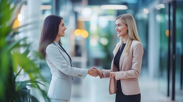 Two Businesswomen Shaking Hands in a Modern Office Setting