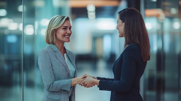 Two Businesswomen Shaking Hands in a Modern Office Setting