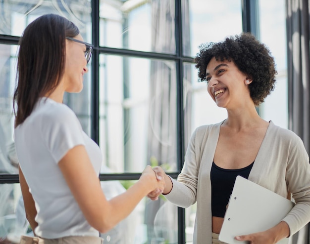 Two Businesswomen Shaking Hands In Modern Office