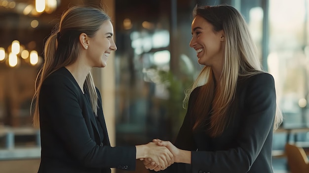 Two Businesswomen Shaking Hands and Smiling in a Modern Office Setting